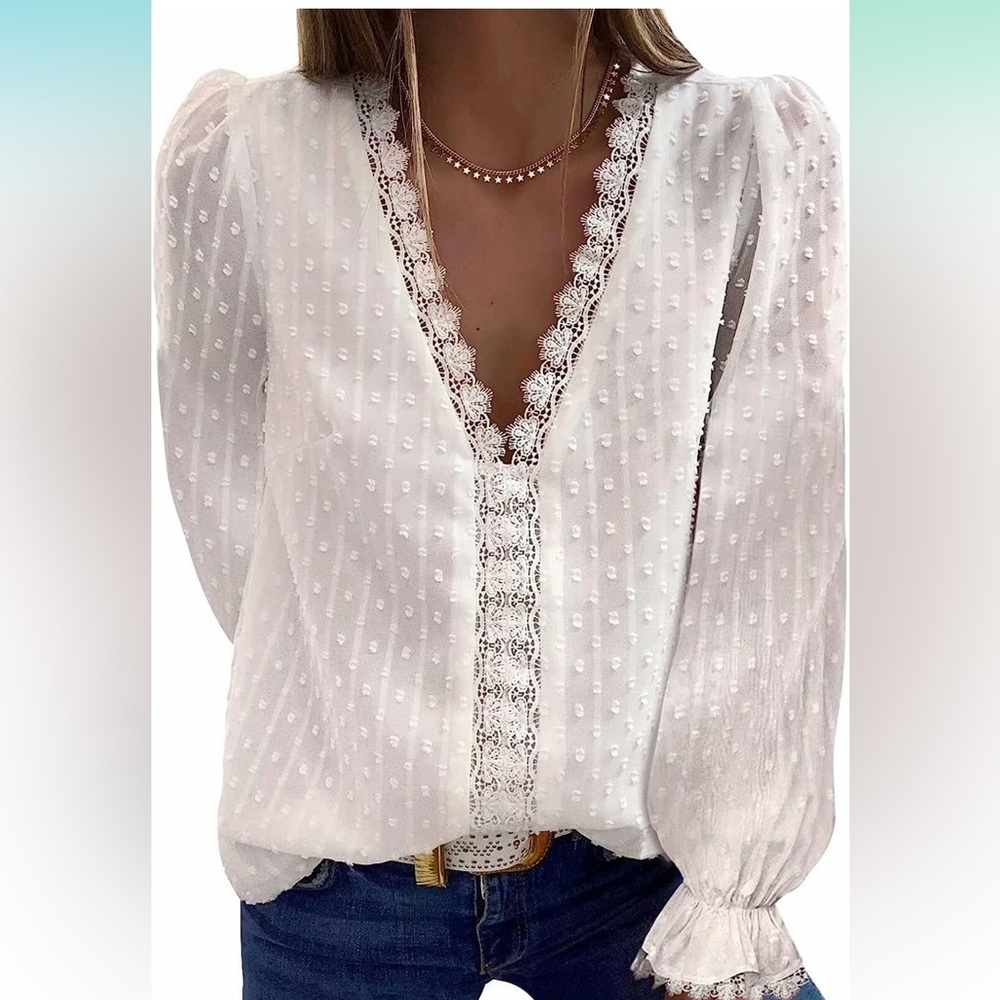 Alishebuy Womens Long Sleeve Lace Tops V Neck Polka Dot Blouses Shirts
